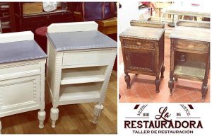 Trabajos La Restauradora.Mesillas pintada en blanco y gris