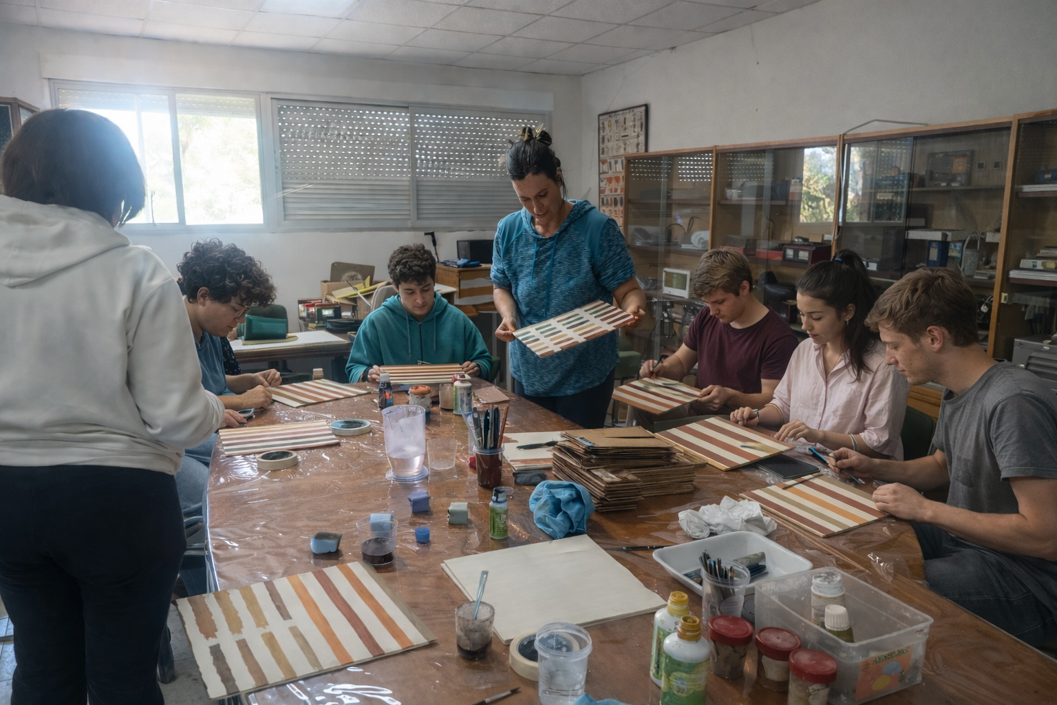 Alumnos trabajando en sus muebles durante un curso de restauración