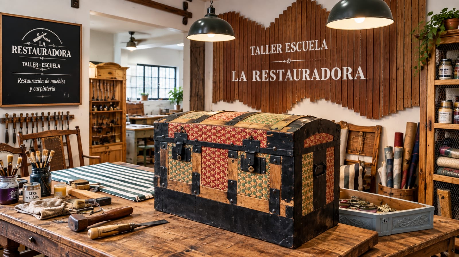 Interior del taller de restauración, con muebles y herramientas